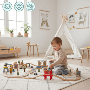 Puinen kaupungin rautatie sähköjunalla - liikkuva nosturi, laiva, sillat