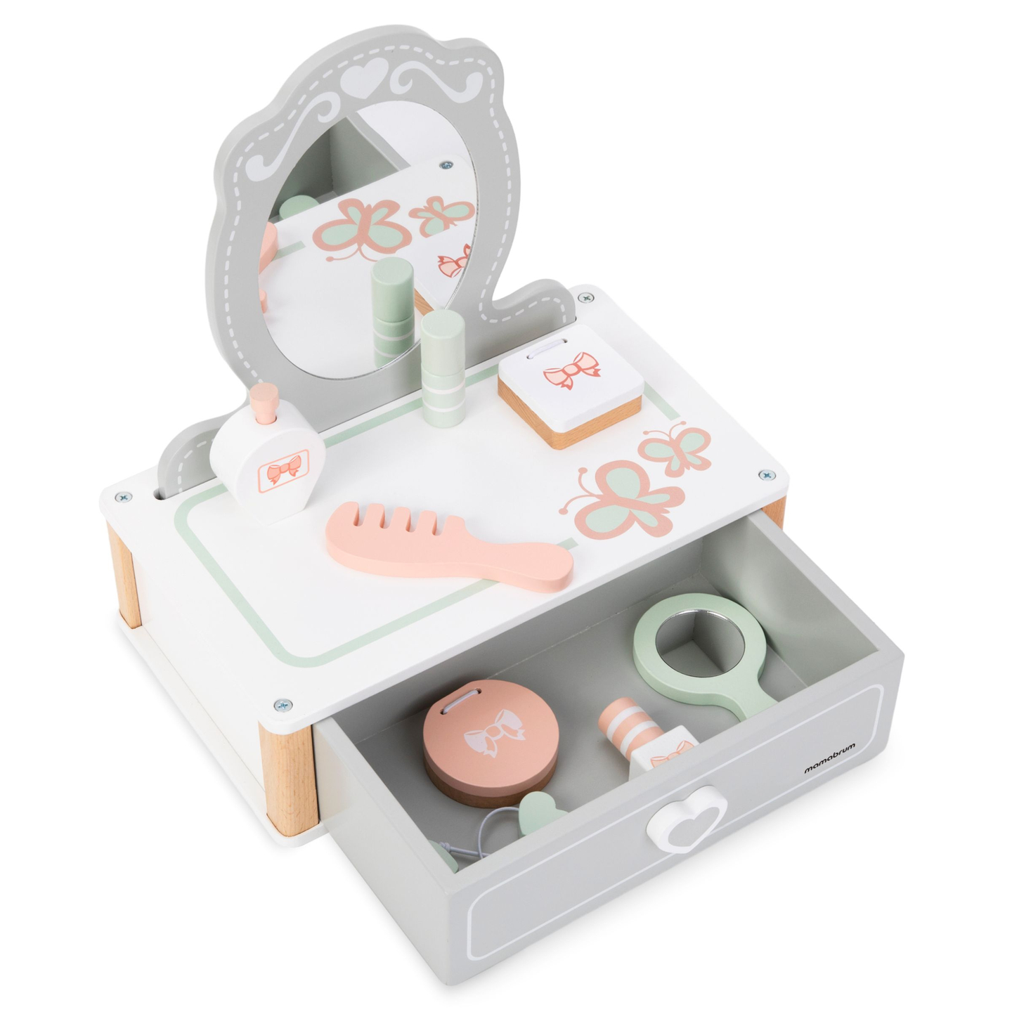 Puinen lasten pukeutumispöytä tarvikkeineen