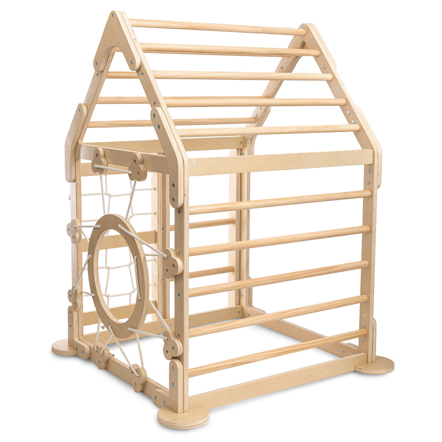 Puinen sisäleikkipuisto lapsille - talo, jossa on tikkaat ja liukumäki