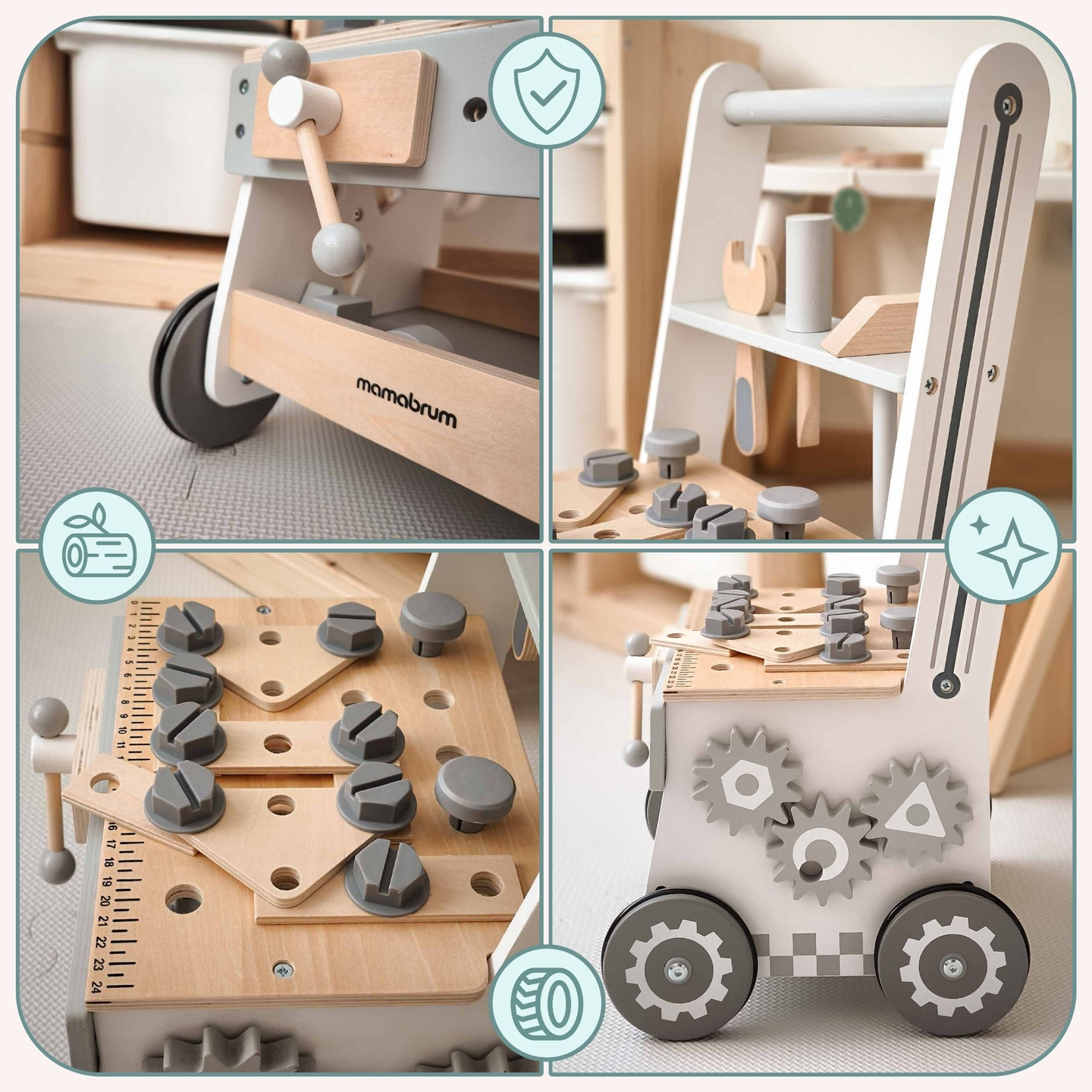 3-in-1 puinen kävelijä, työntöaisa + työpaja - 47 elementtiä