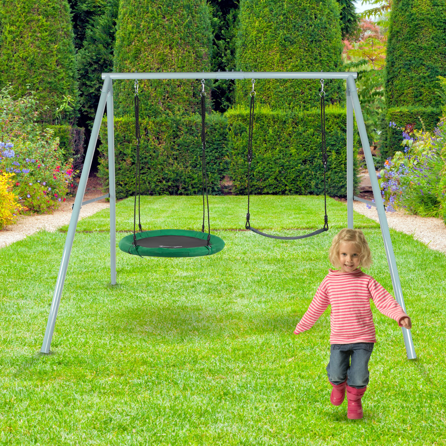 Kaksinkertainen puutarhakeinu rungolla ja köysillä - istuin ja haikarapesä