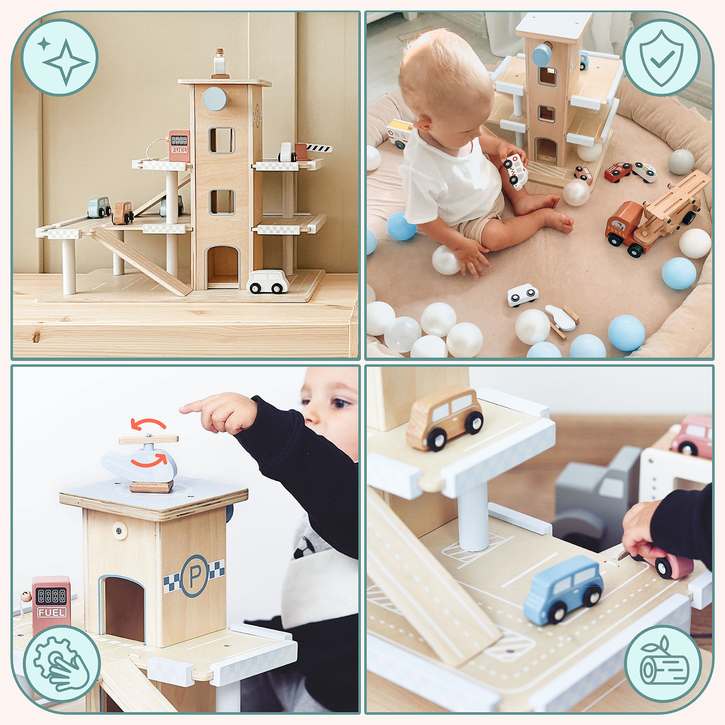 Puinen kolmikerroksinen parkkihalli, jossa on hissi - autotalli, jossa on autoja ja helikopteri