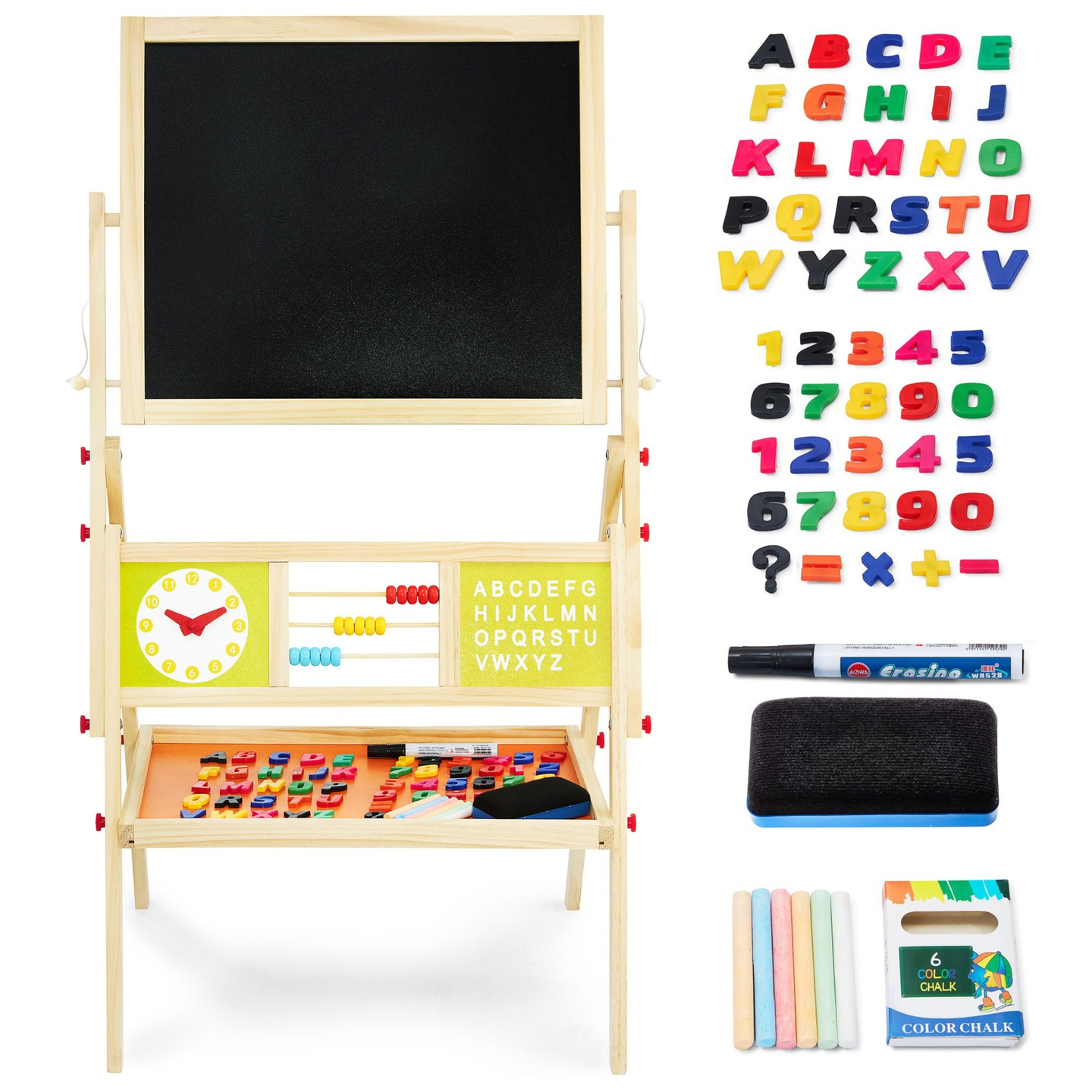 Suuri kaksipuolinen opettavainen taulu: magneettinen ja liitutaulu - kuivapyyhintätaulu, puinen