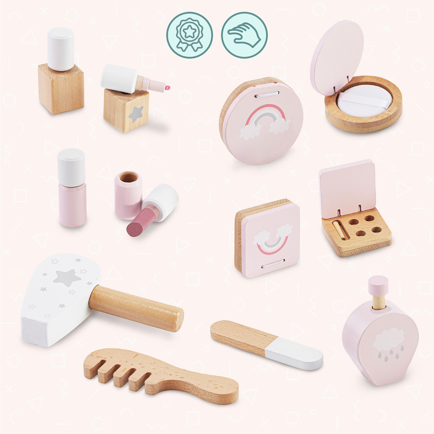 Puinen lasten meikkipöytä LED-valaistuksella ja portaattomalla kirkkauden säädöllä, tuoli ja lisävarusteet