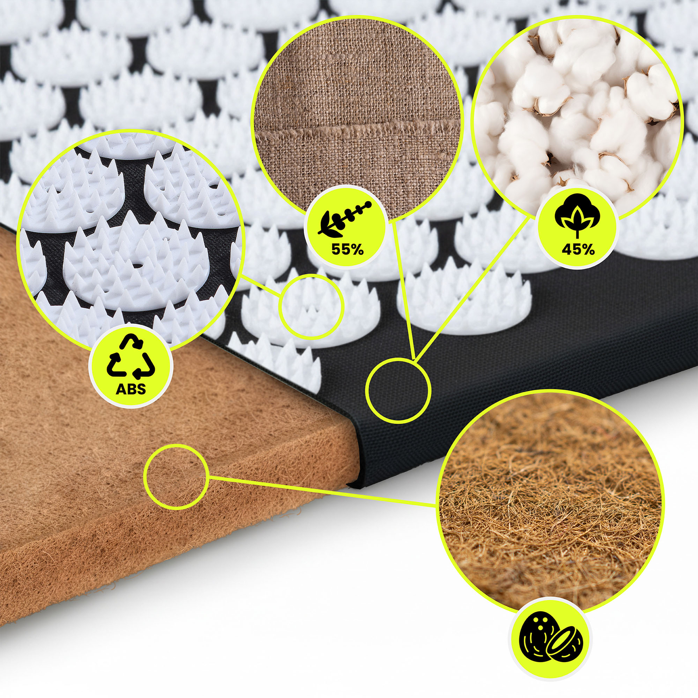 ECO-pellava-akupunktiomatto kookoskuidulla ja tattarityynyllä – 68 cm HyperMotion mustavalkoinen