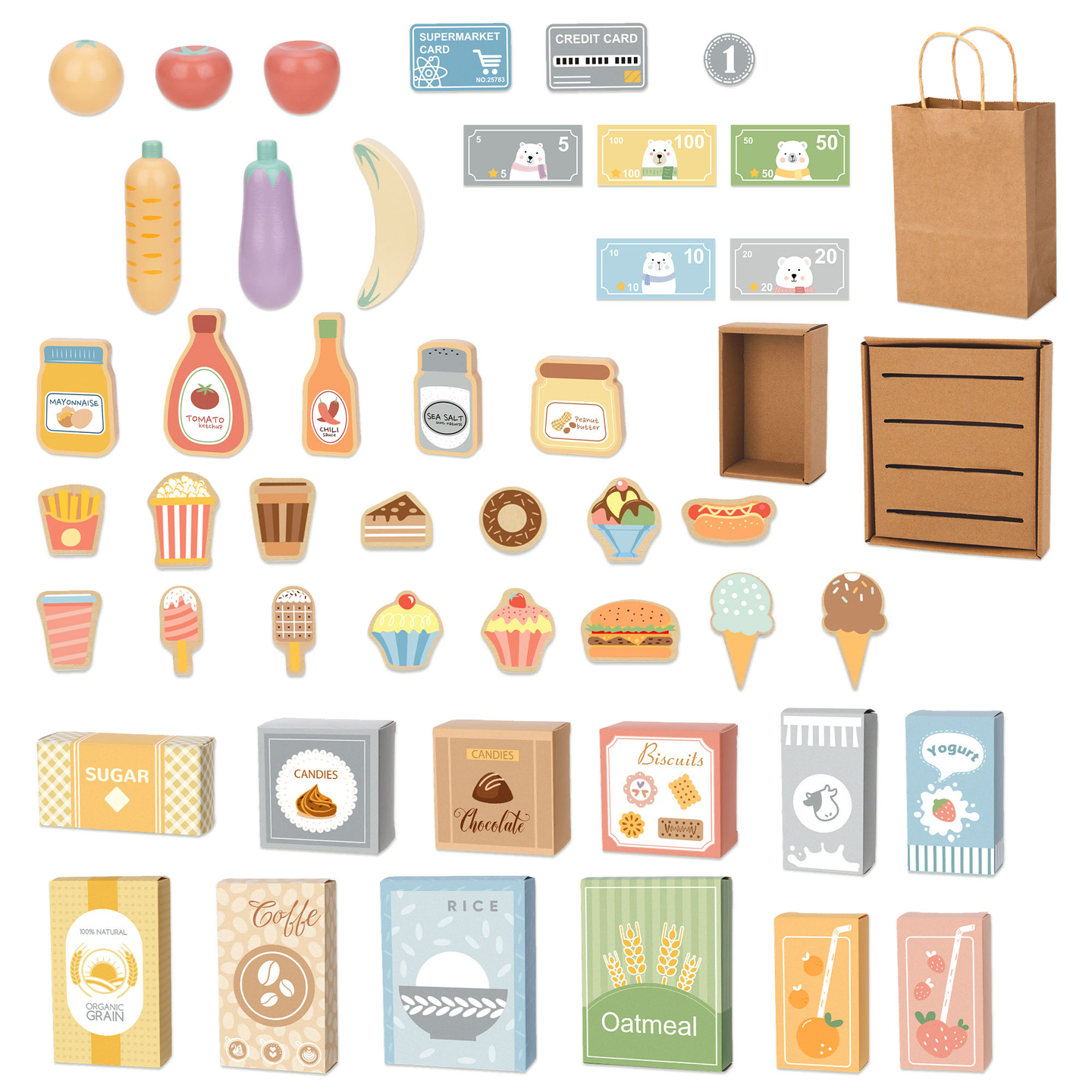 Suuri puinen lastenkauppa liitutaululla - 91 osaa shoppailun iloon!