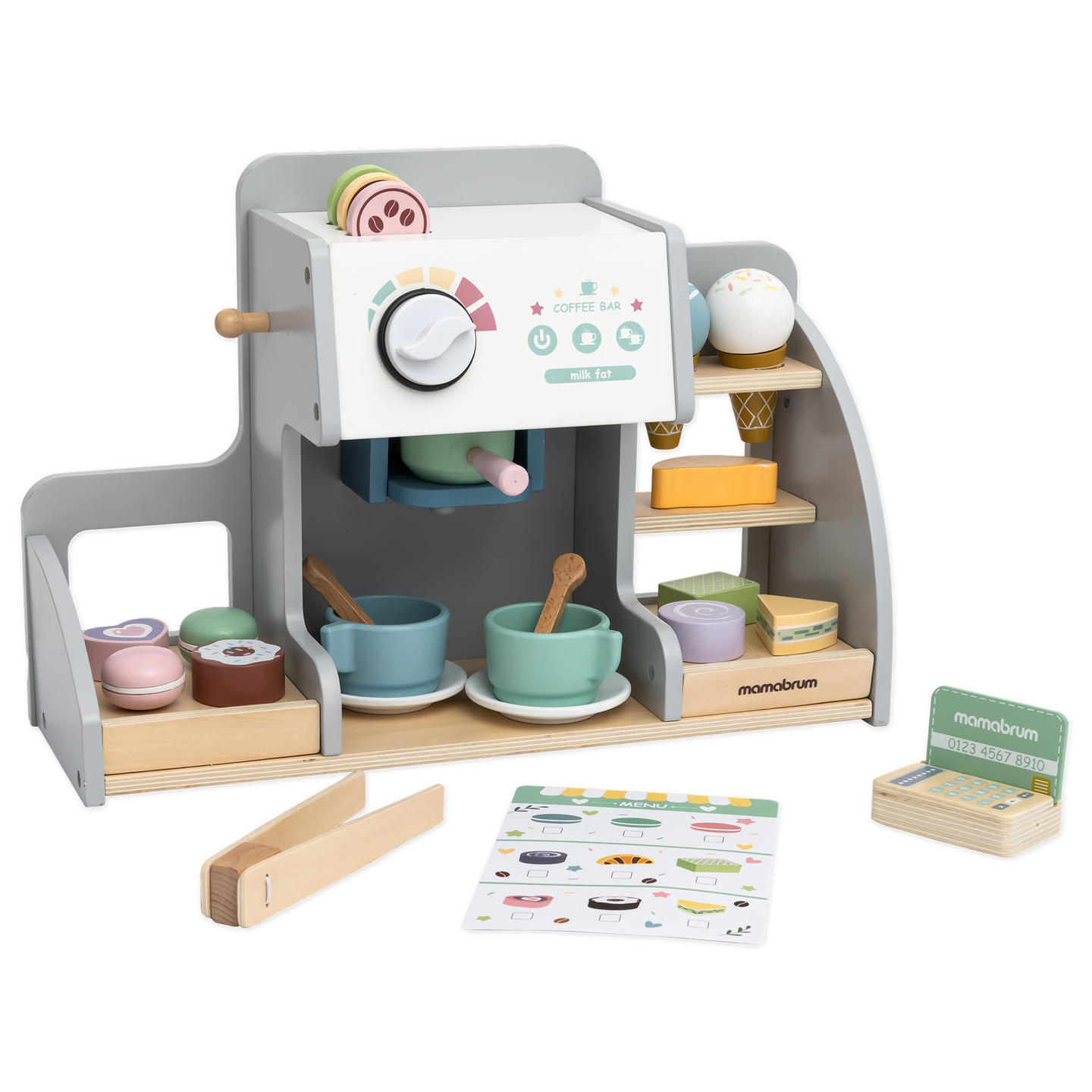 Suuri puinen jäätelöbaari, jossa on magneettitaulu, kahvinkeitin sekä jäätelö- ja jälkiruokasetti - yli 70 palaa!