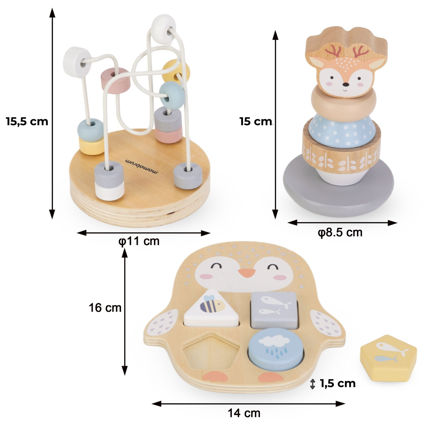 Puulelusarja - värikäs lomitus, pyramidi Peura, lajittelija Pingviini