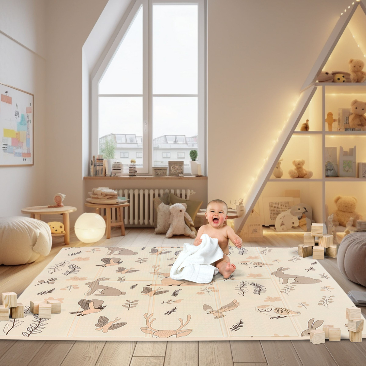 Kaksipuolinen taitettava vaahtomuovimatto 180 x 120 x 1 cm - Magic Forest/Autumn Streets - boho