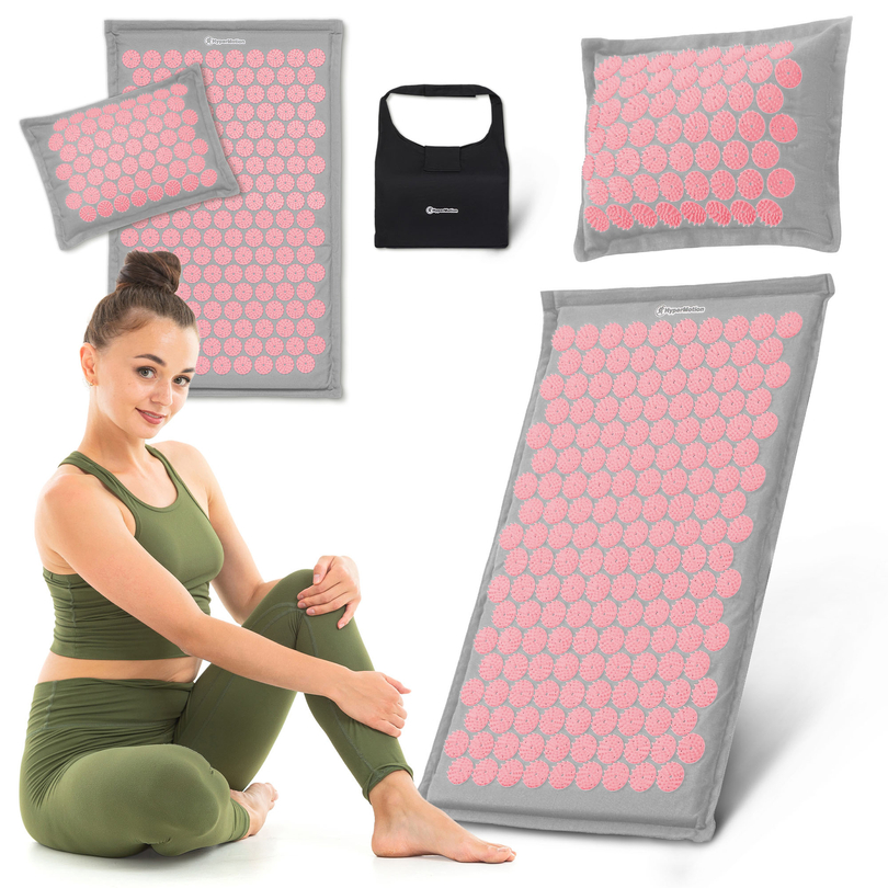 ECO-pellava-akupunktiomatto kookoskuidulla ja tattarityynyllä – 68 cm HyperMotion harmaa ja pinkki