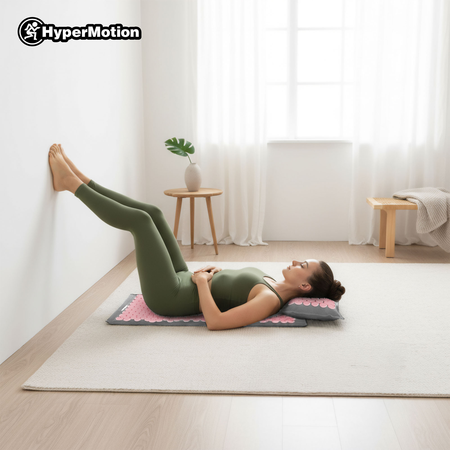 ECO-pellava-akupunktiomatto kookoskuidulla ja tattarityynyllä – 68 cm HyperMotion harmaa ja pinkki