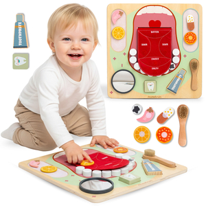 Puinen Montessori-opetuslauta Pieni hammaslääkäri - hammasharja, hammastahna, irrotettavat hampaat, peili, ruoka, makujen oppiminen