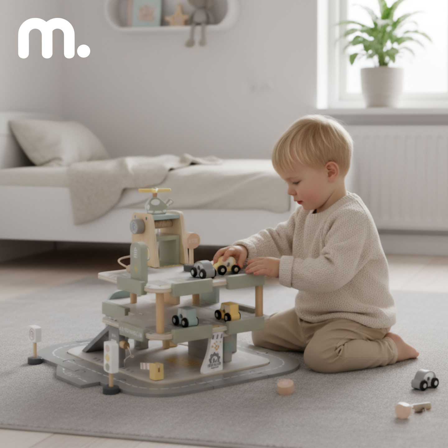 Puinen, kolmikerroksinen lasten autotalli varusteineen – pysäköintialue, huoltoasema, autopesula, helikopteri