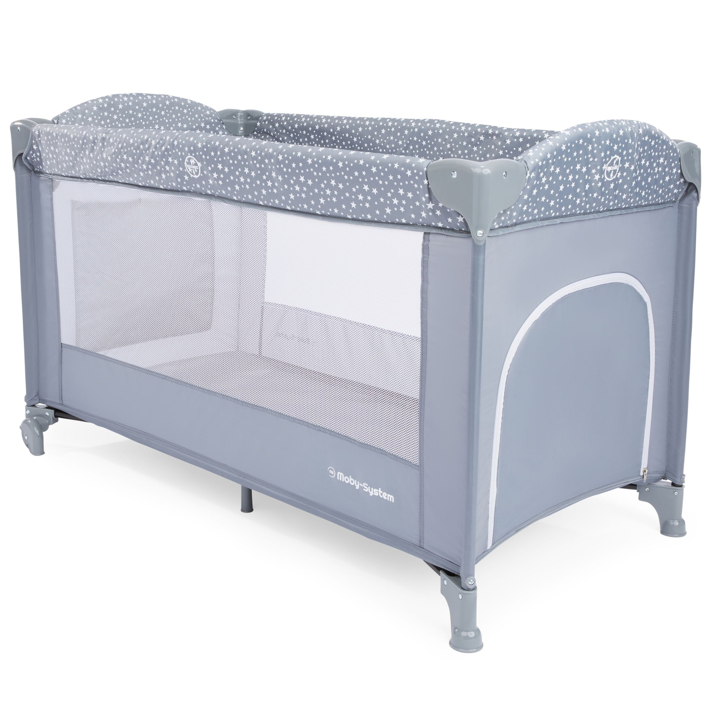 Matkasänky / leikkikehä 2 tasoa hoitopöydällä, katolla ja Happy Traveler BASIC PLUS patjalla - harmaa