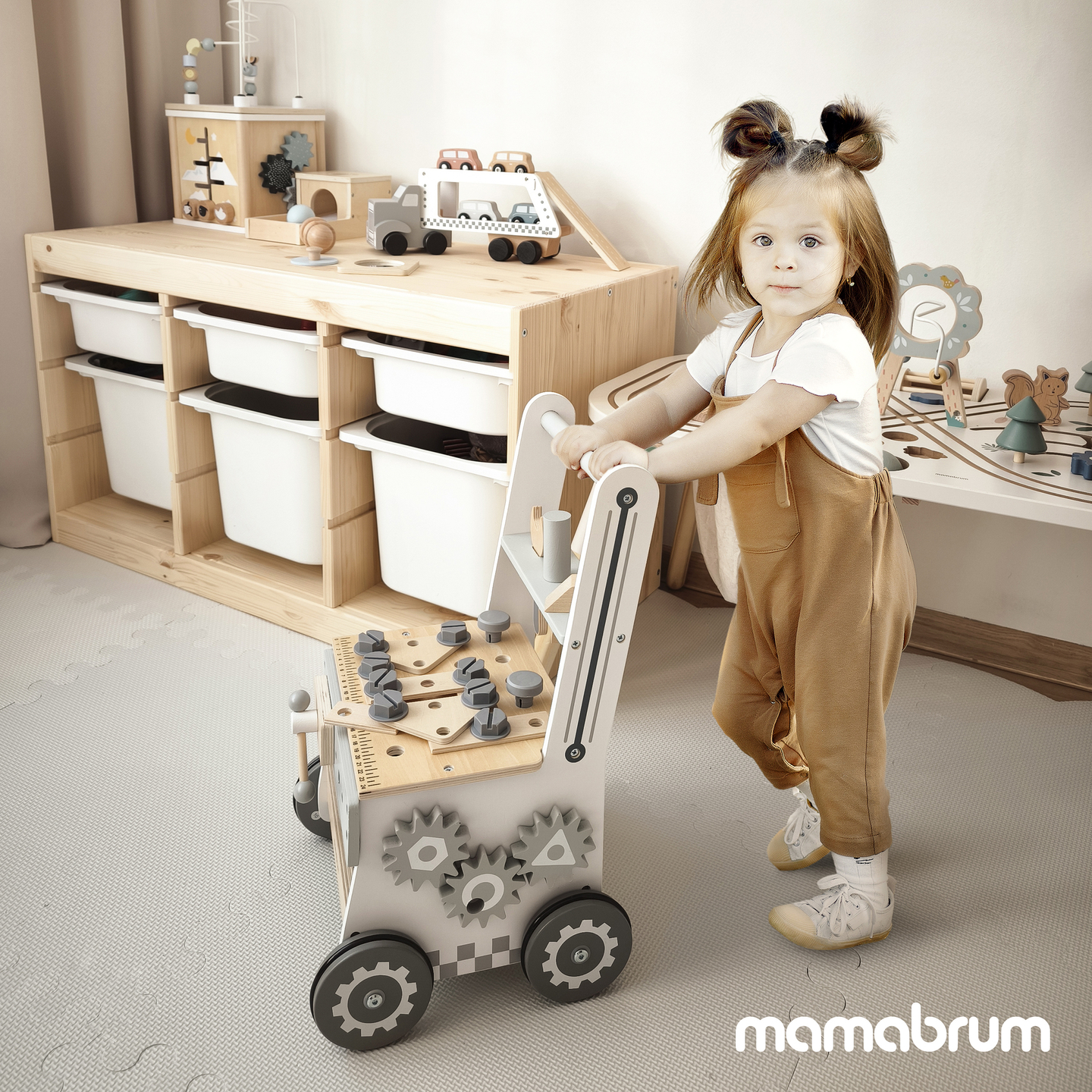 3-in-1 puinen kävelijä, työntöaisa + työpaja - 47 elementtiä