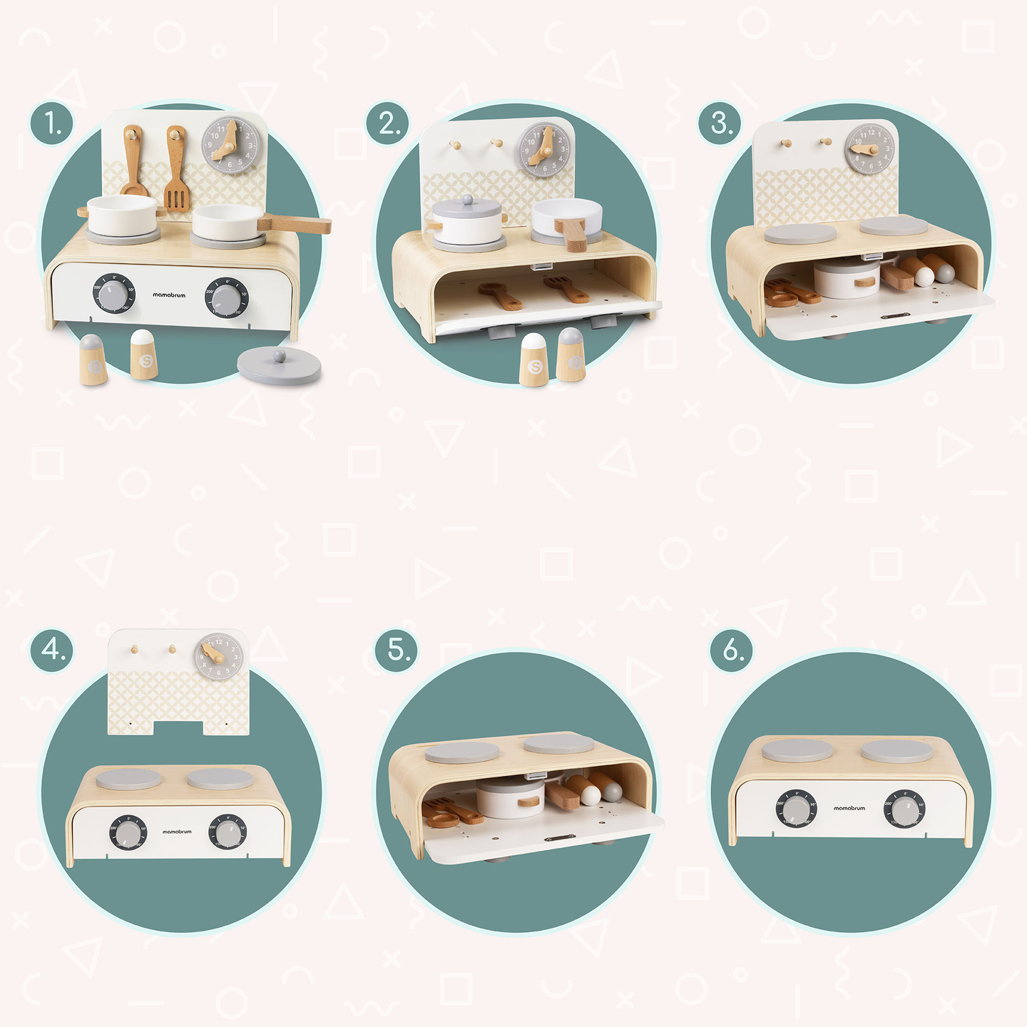 Mamabrum puinen kokoontaitettava keittiö lapsille - setti ruukuilla, keittiötarvikkeilla ja säilytystilalla