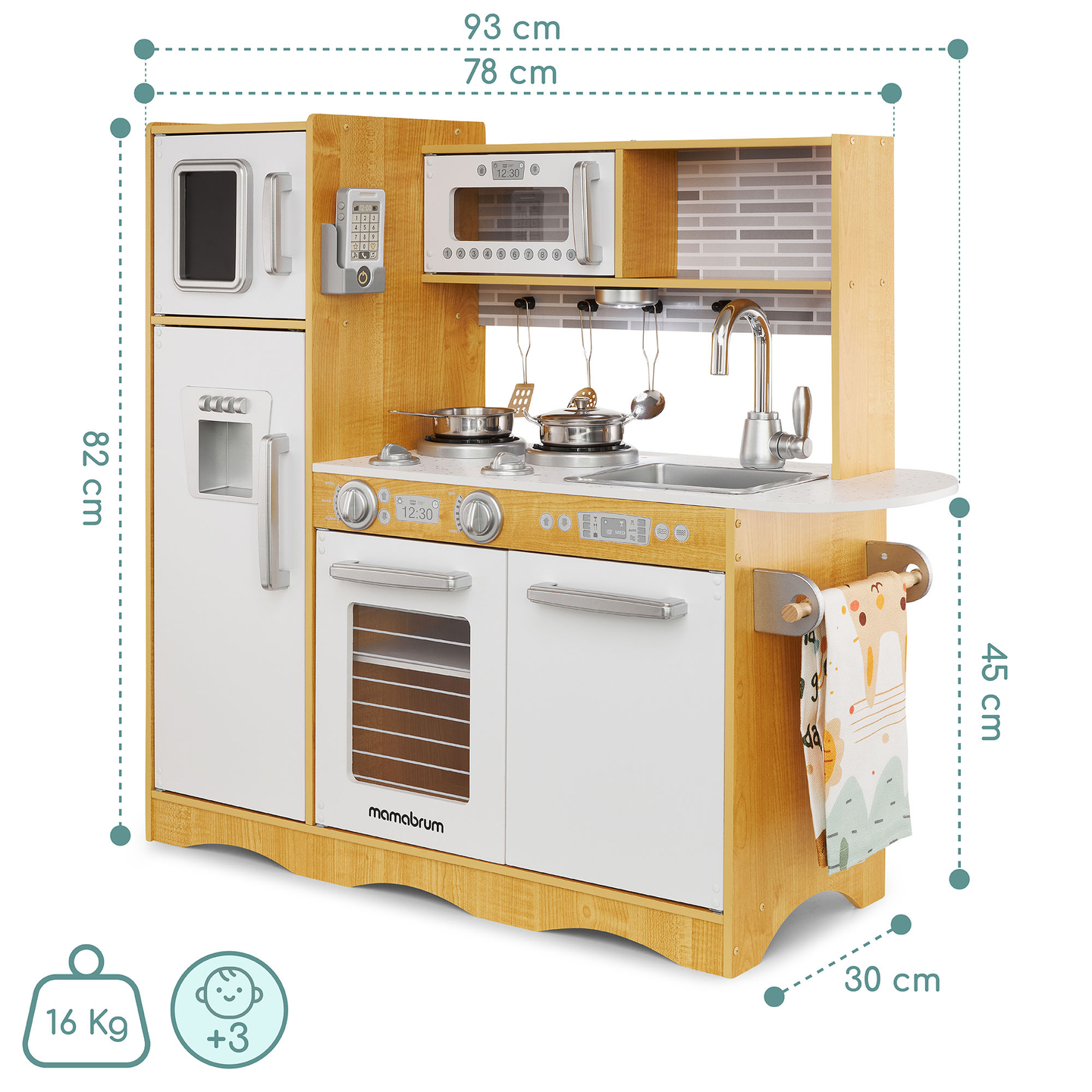 XXL puinen keittiö LED-valaistuksella, esiliina ja lisävarusteet