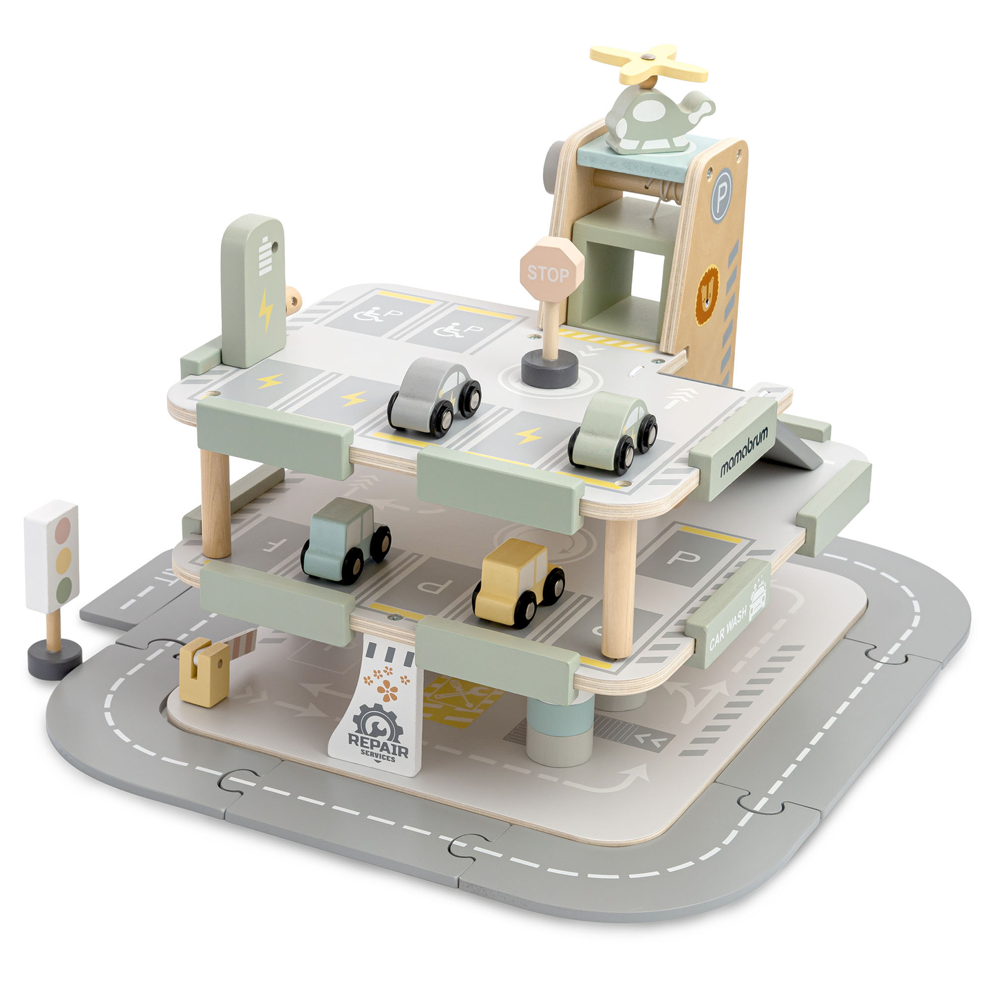 Puinen, kolmikerroksinen lasten autotalli varusteineen – pysäköintialue, huoltoasema, autopesula, helikopteri