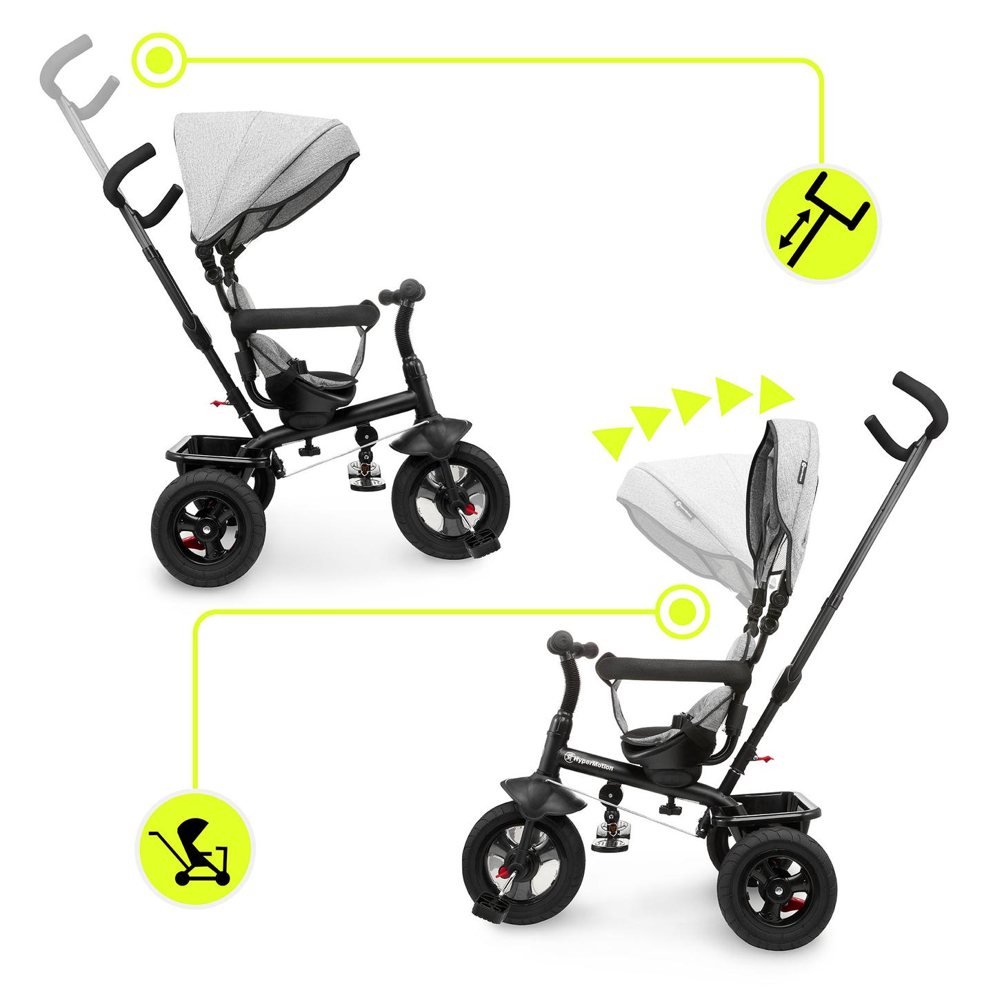 Kolmipyörä 1-4-vuotiaille lapsille - TOBI FREY - harmaa väri - kääntyvä - pumpatut pyörät + työntöaisa