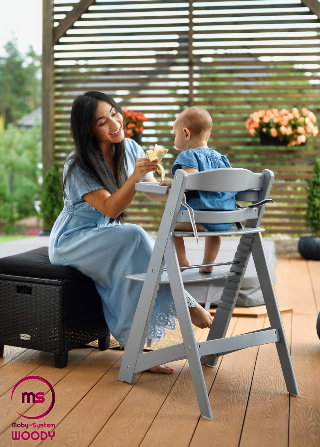 Puinen syöttötuoli Moby-System WOODY - harmaa väri