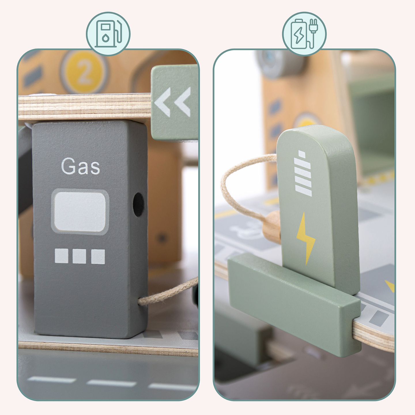 Puinen, kolmikerroksinen lasten autotalli varusteineen – pysäköintialue, huoltoasema, autopesula, helikopteri