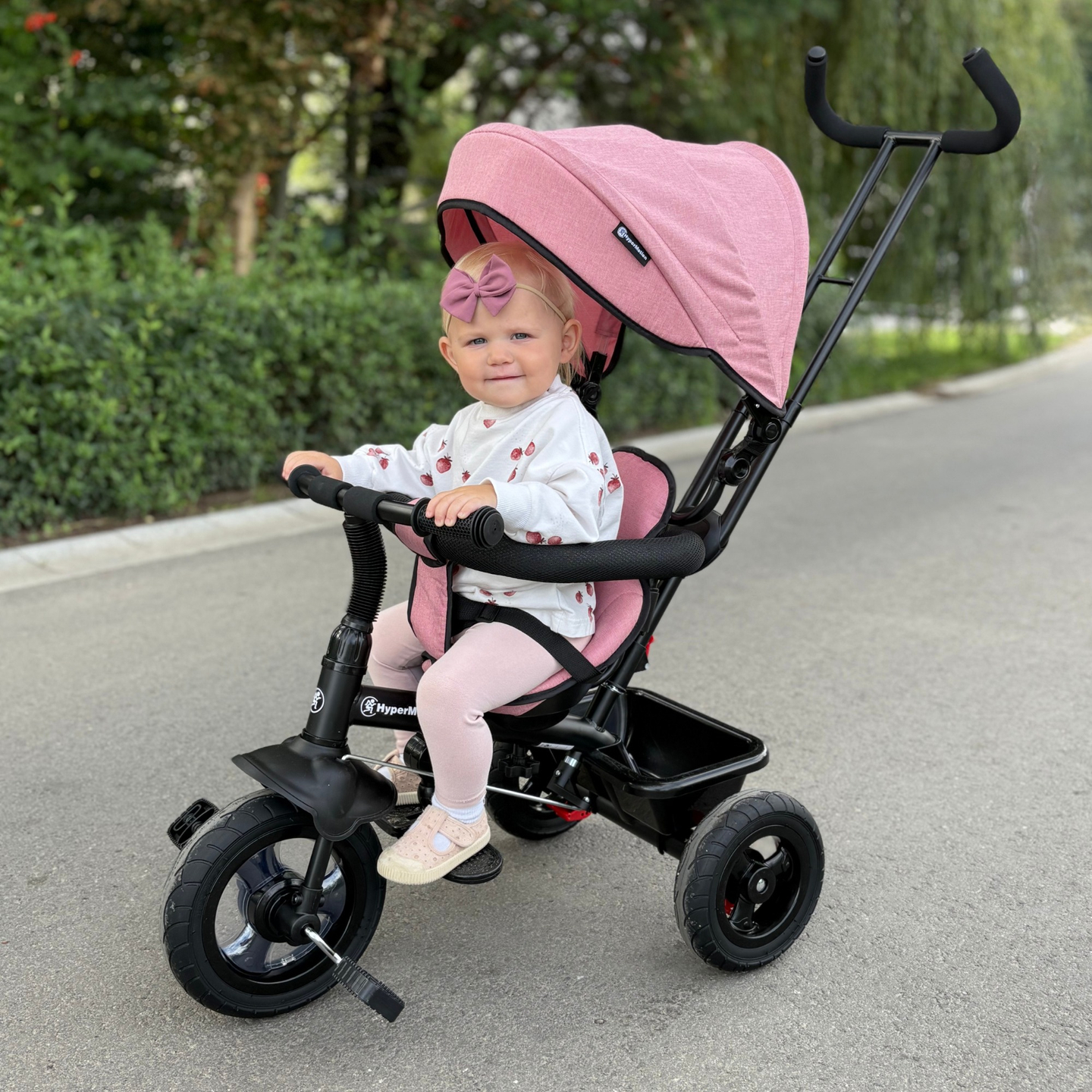 Kolmipyörä 1-4-vuotiaille lapsille - TOBI FREY - vaaleanpunainen väri - kääntyvä - pumpatut pyörät + työntöaisa