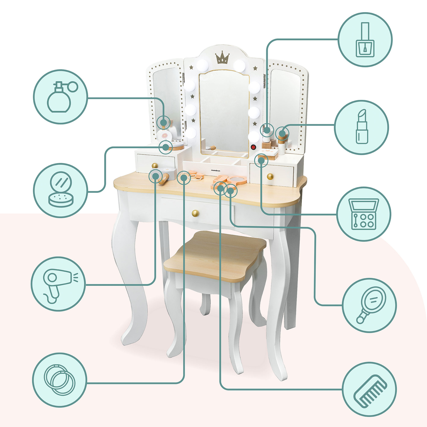 XXL puinen pukeutumispöytä jakkaralla ja LED-valaistuksella lapsille + tarvikkeet