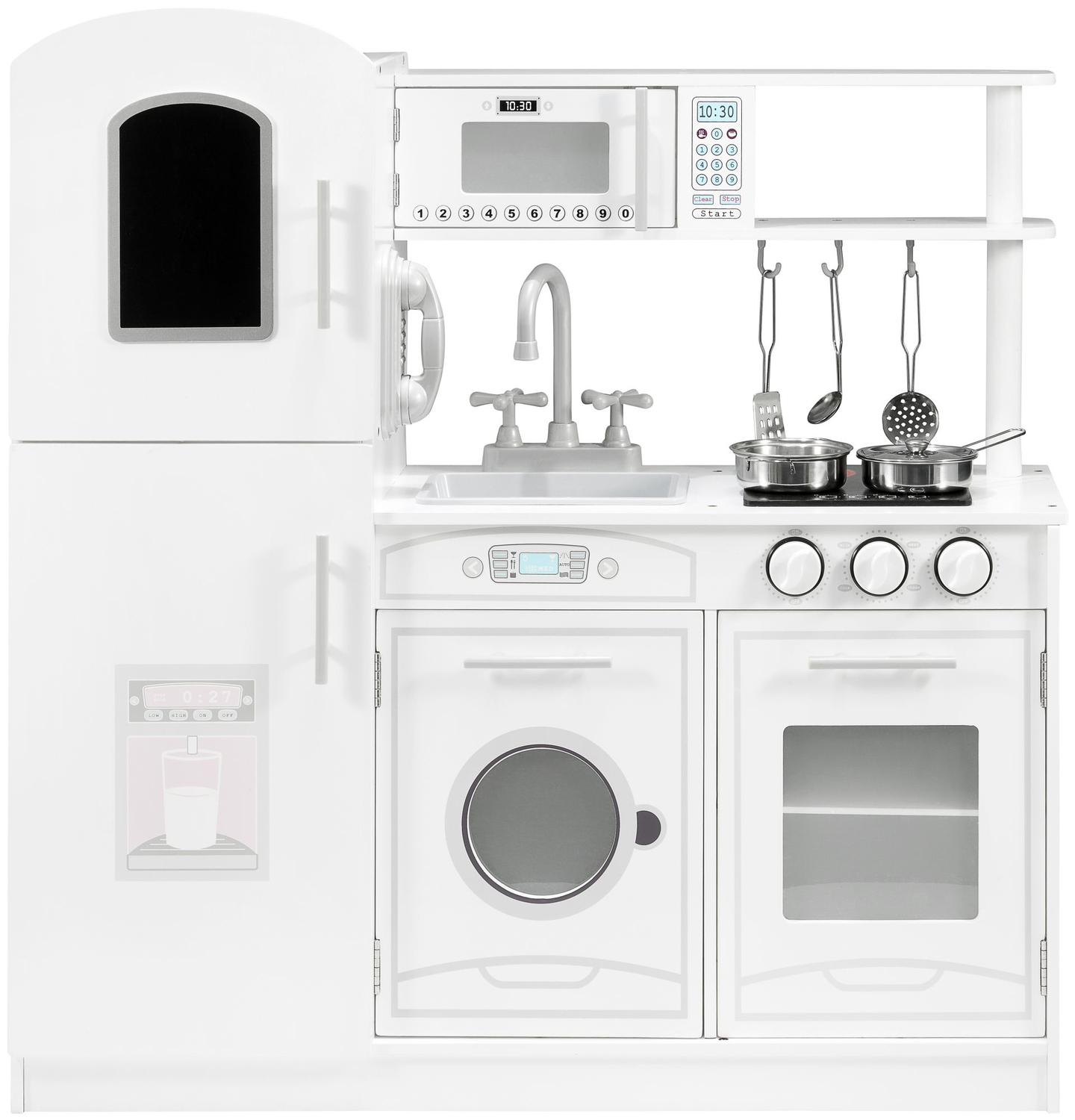 Suuret puiset valkoiset keittiötarvikkeet ja esiliina