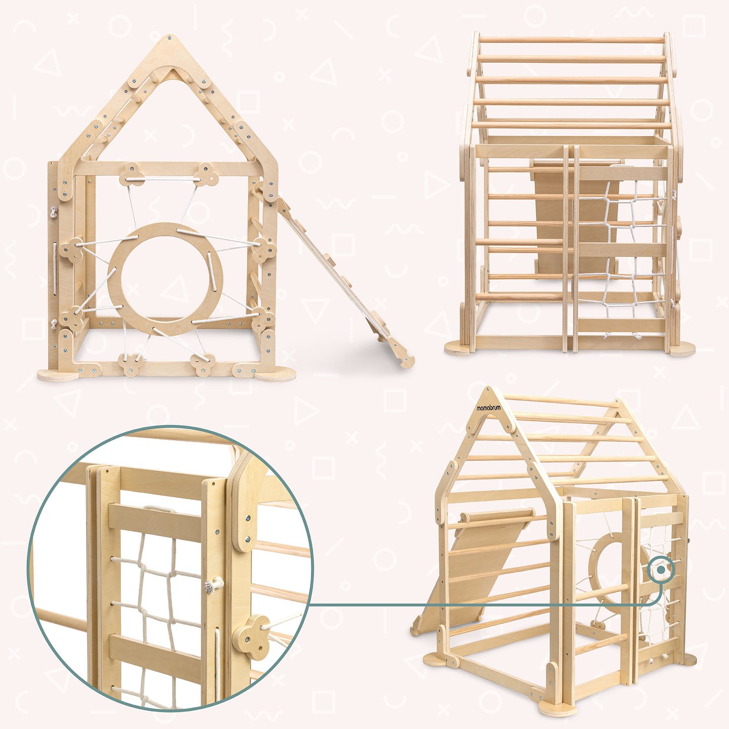 Puinen sisäleikkipuisto lapsille - talo, jossa on tikkaat ja liukumäki