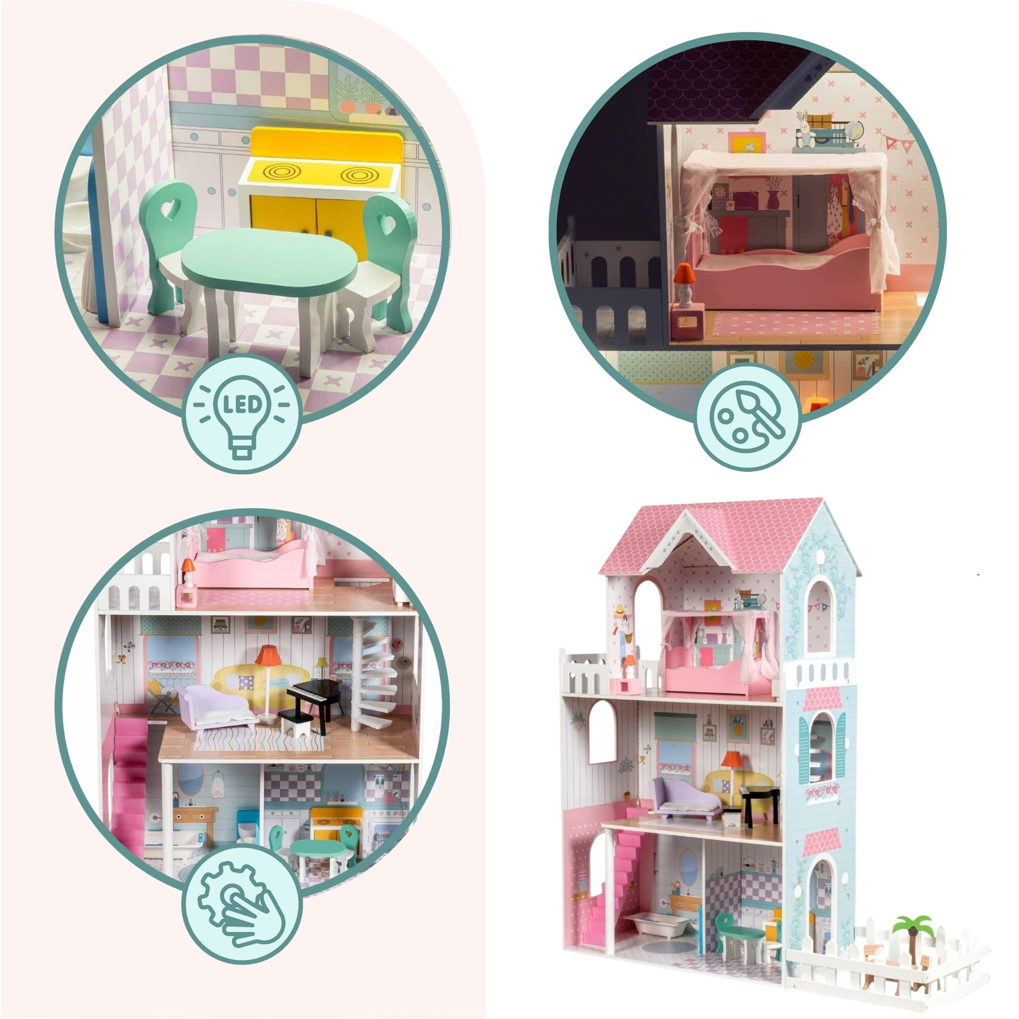 XXL Suurin puinen nukkekoti - 123 cm - LED-valaistu - terassi, tarvikkeet, puutarha