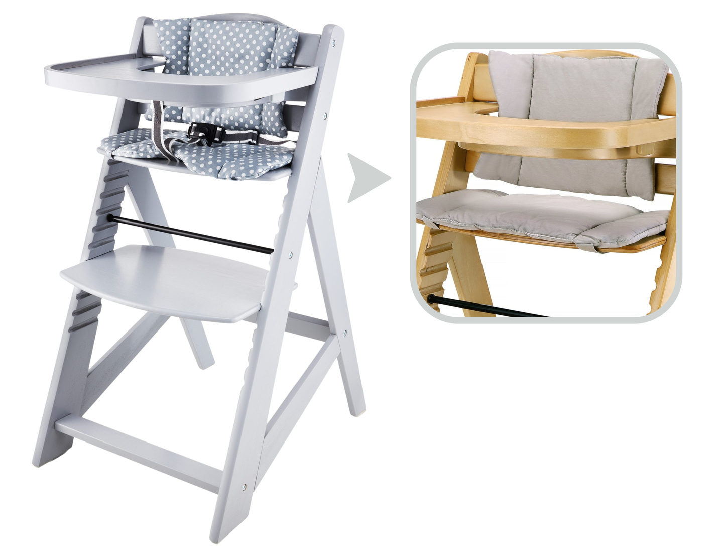 Puinen syöttötuoli Moby-System WOODY - harmaa väri