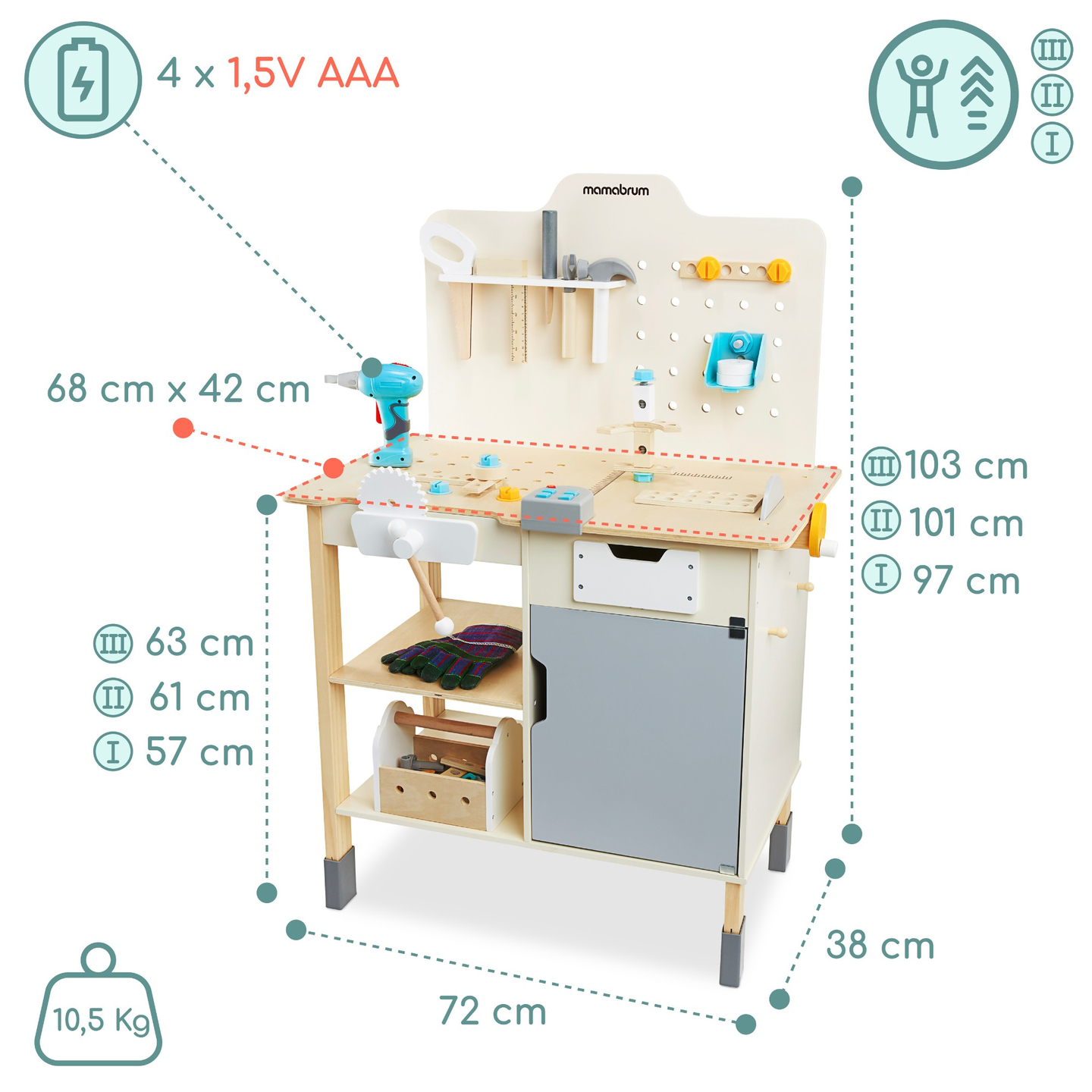 XXL Suuri puinen työpaja työkaluineen - DIY-sarja, 74 elementtiä