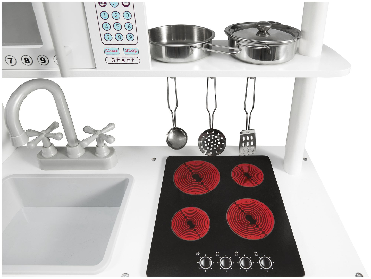 Suuret puiset valkoiset keittiötarvikkeet ja esiliina