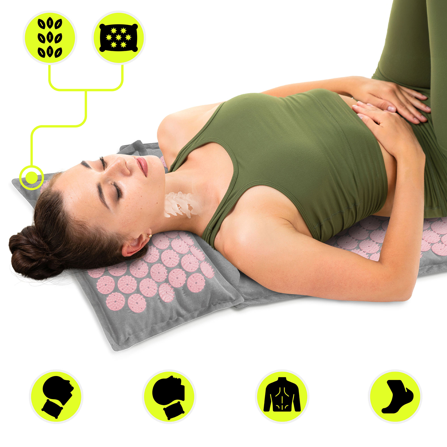 ECO-pellava-akupunktiomatto kookoskuidulla ja tattarityynyllä – 68 cm HyperMotion harmaa ja pinkki