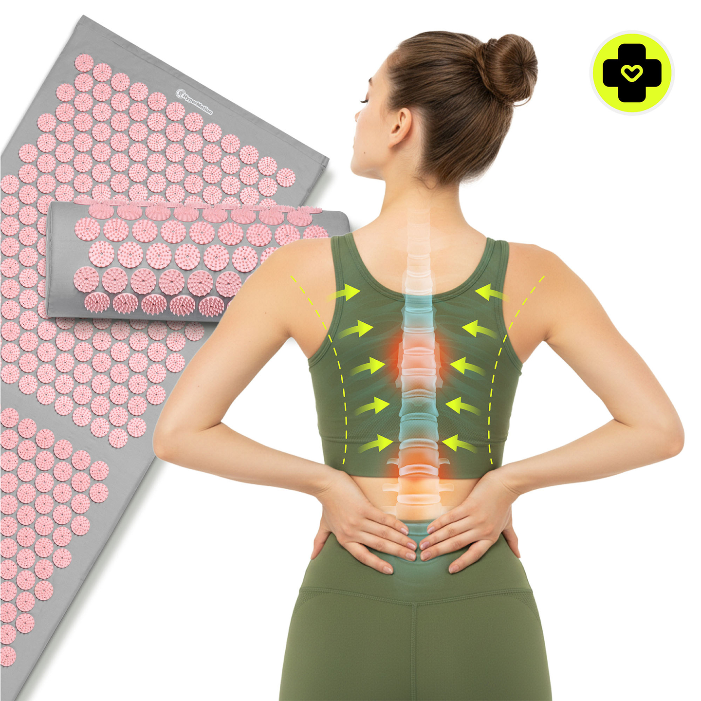 Suuri akupunktiomatto tyynyllä ja päällisellä - 130 cm HyperMotion harmaa ja pinkki