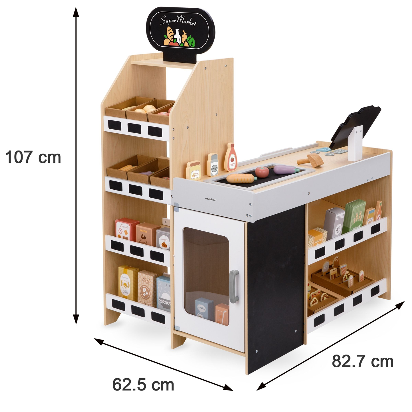 Puinen vihannesmarkkinat - suuri XXL-koju, myymälä, jossa on leikkikassakone