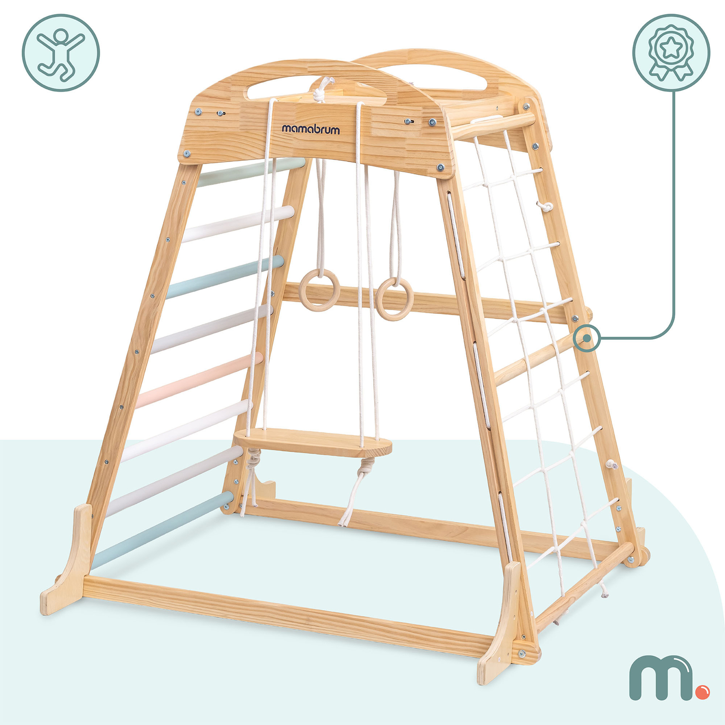 Puinen sisäleikkipuisto, jossa on keinu, voimistelurenkaat ja kiipeilyverkko