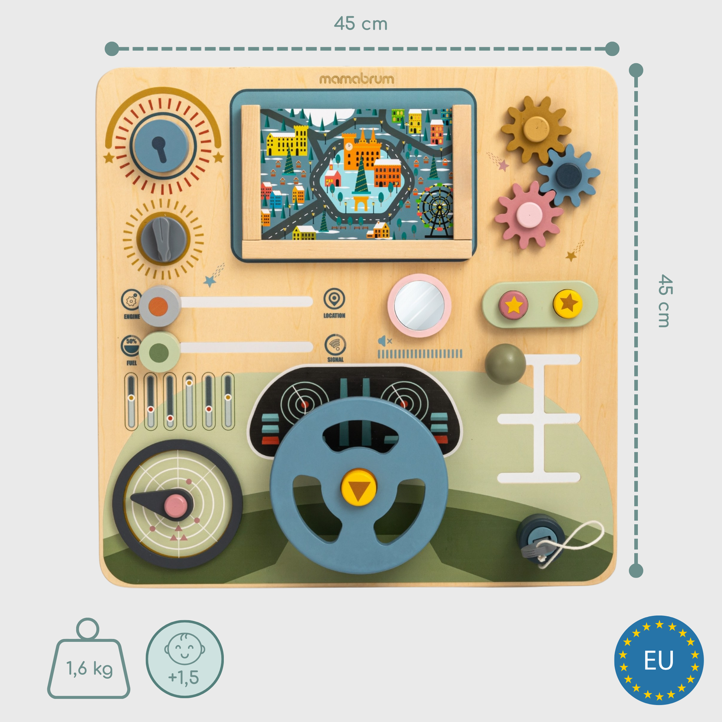 Puinen Montessori-lauta 2-in-1 Ohjaamo pienelle kuljettajalle ja lentäjälle – ohjauspyörä, vaihdekeppi, matkakartat, tutka