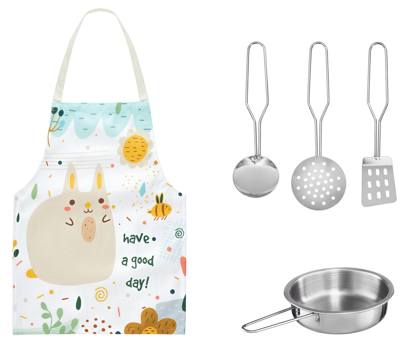 Valkoinen puinen keittiö esiliinalla, tarvikkeilla ja LED-valaisimella varustettuna