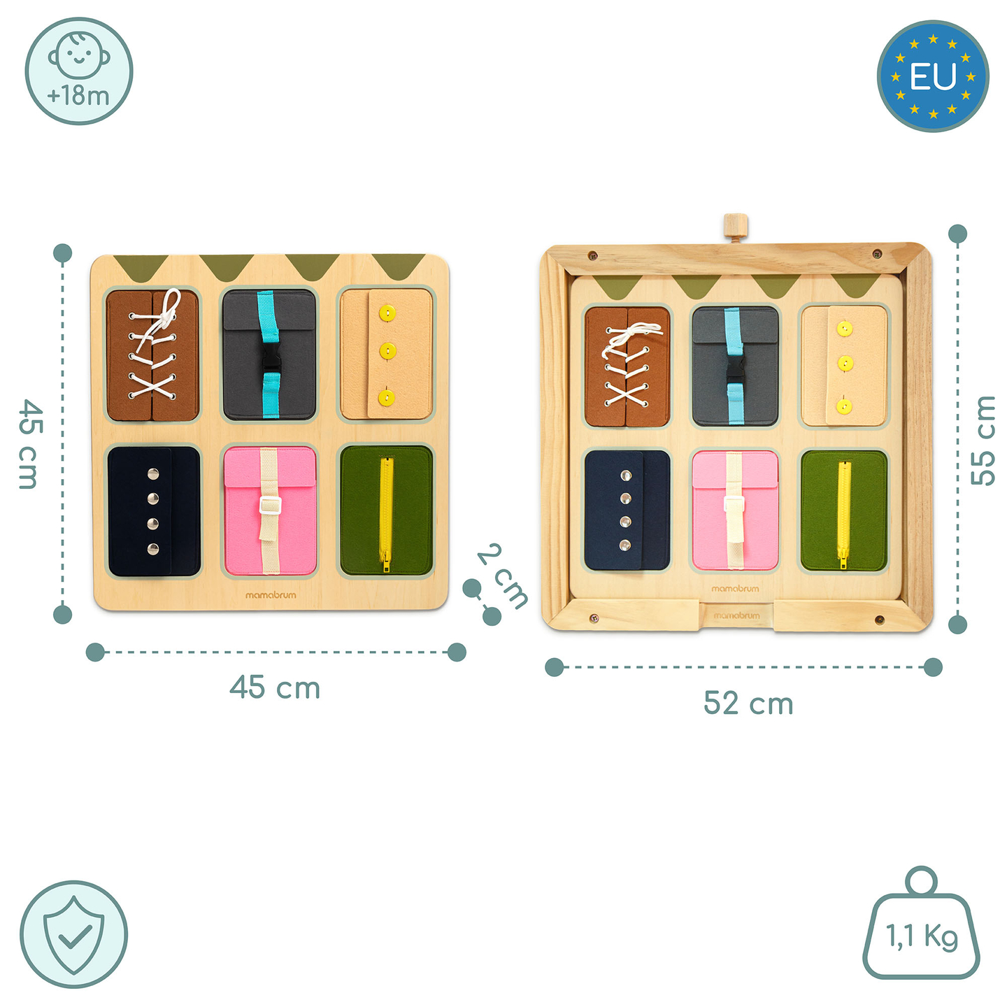 Puinen Montessori-manipulaatiolauta – Aistillinen itsenäisyyden oppiminen - nauhat, soljet, napit, nepparit, vetoketju