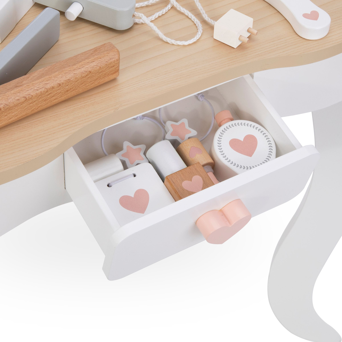 Puinen pukeutumispöytä jakkaralla ja lisävarusteilla