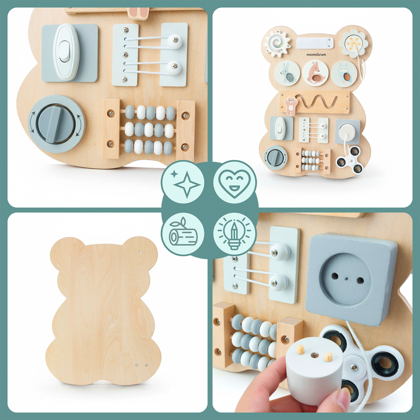 Puinen Montessori-nallekarhumanipulaatiolauta - itsenäisyyden aistioppimiseen: tarranauha, tulppa, sokkelo, napsahdusnuppi