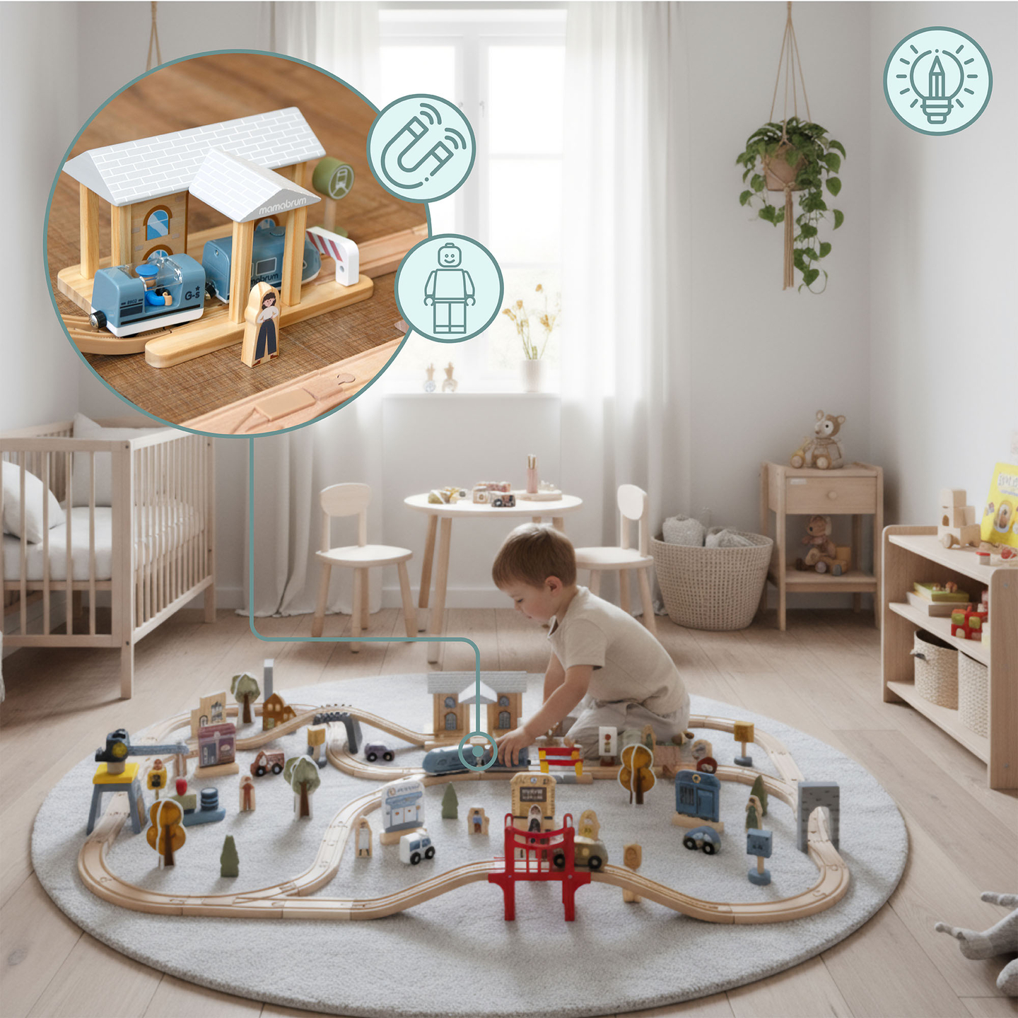 Puinen kaupungin rautatie sähköjunalla - liikkuva nosturi, laiva, sillat