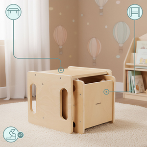 Puinen pöytä ja tuoli askelkivitoiminnolla – monitoiminen Montessori-setti lapsille