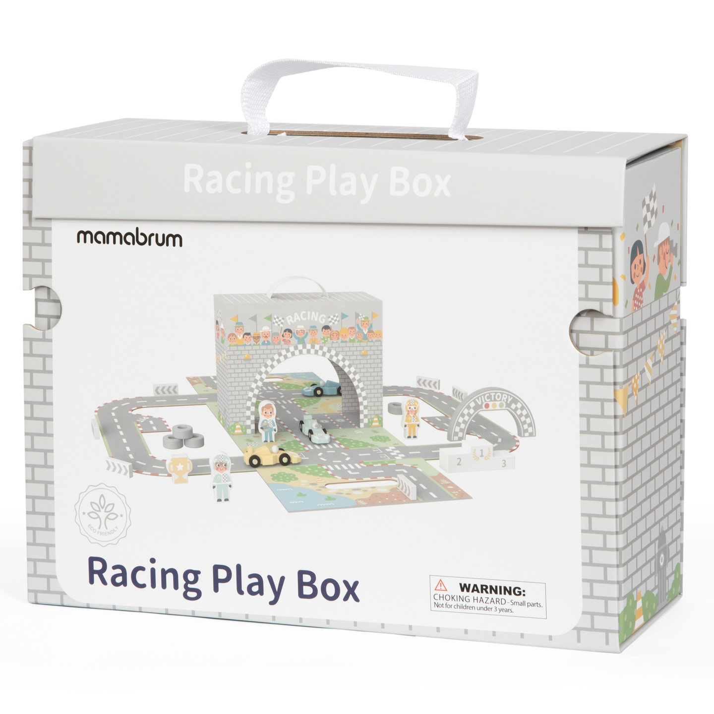 Magneettinen matkalaukku kilparadalla, puisilla ajoneuvoilla ja tietarvikkeilla