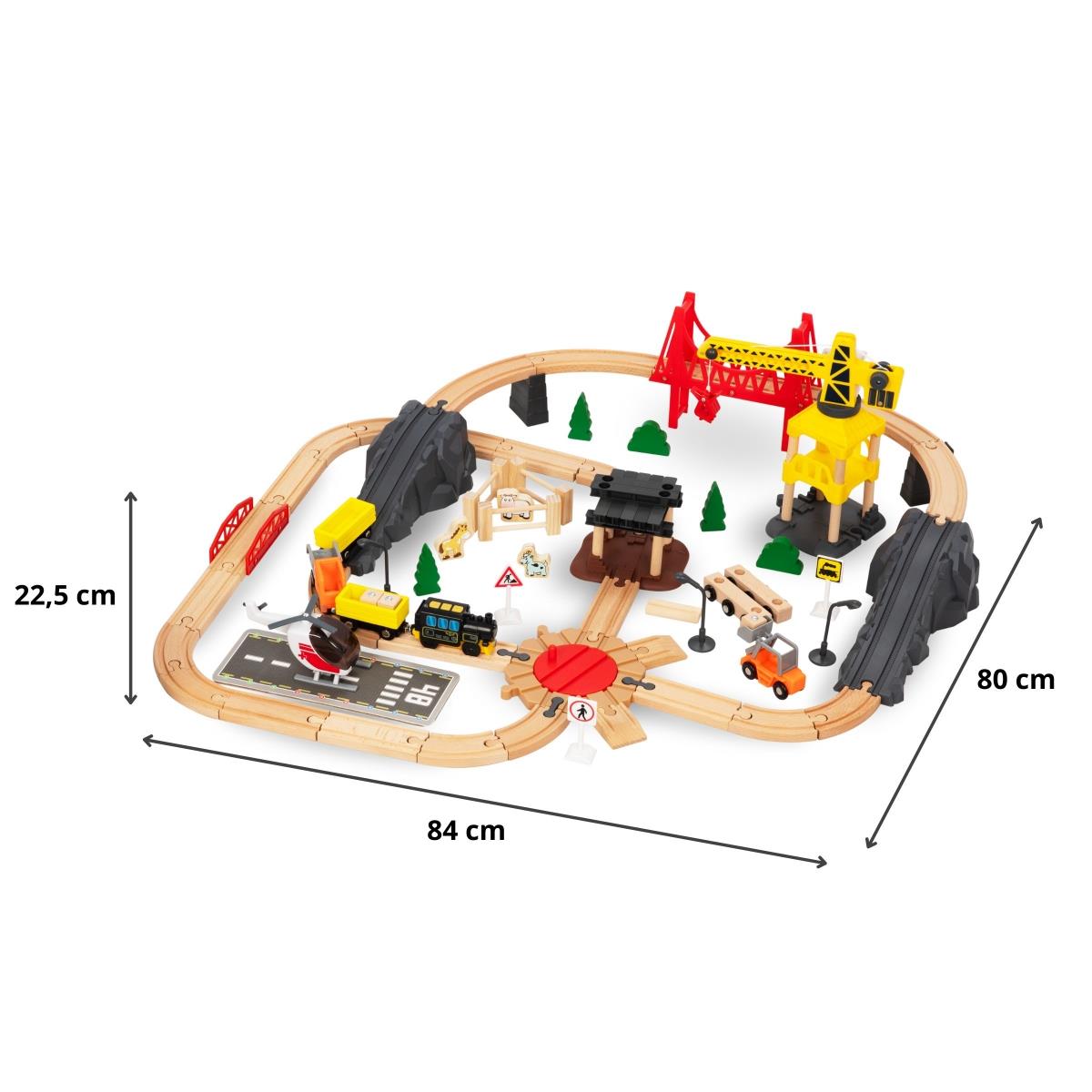 Puinen rautatie, akkujuna - Kaupunki: raiteet, autot, silta, lentokenttä