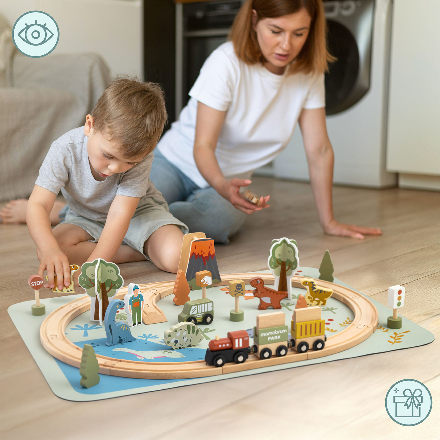 Dino Park puinen juna liukumattomalla matolla - dinosaurukset, juna, raiteet, tulivuori, kello