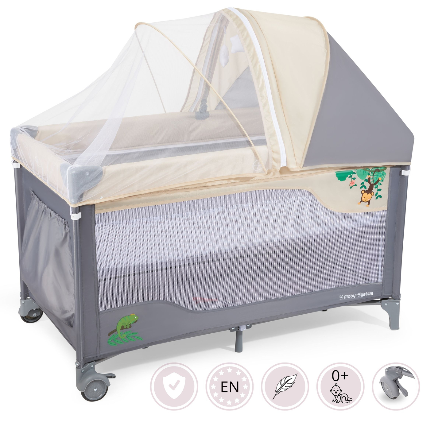 Matkasänky 0 - 36 m hoitopöydällä + Moby-System HUXLEY leikkikehä