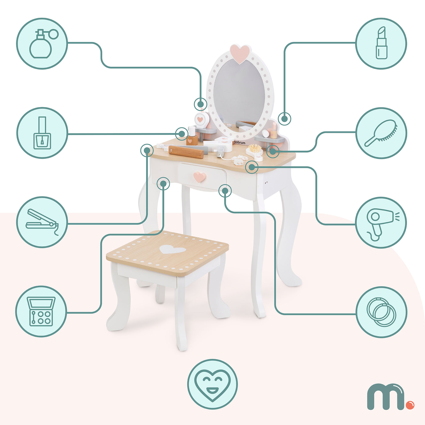 Puinen pukeutumispöytä jakkaralla ja lisävarusteilla