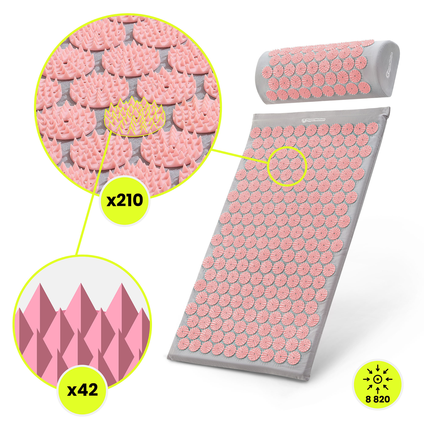 Akupunktiomatto tyynyllä ja päällisellä - 72 cm HyperMotion harmaa ja pinkki
